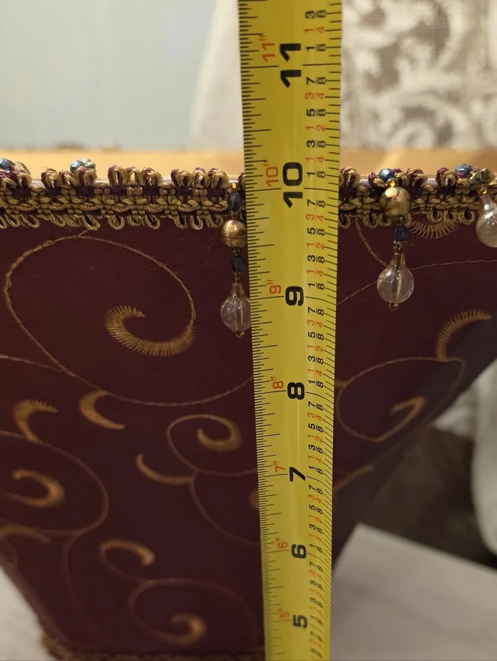 Vintage Victorian Style Burgundy Gold Fabric Square Bell Lampshade Beaded Fringe